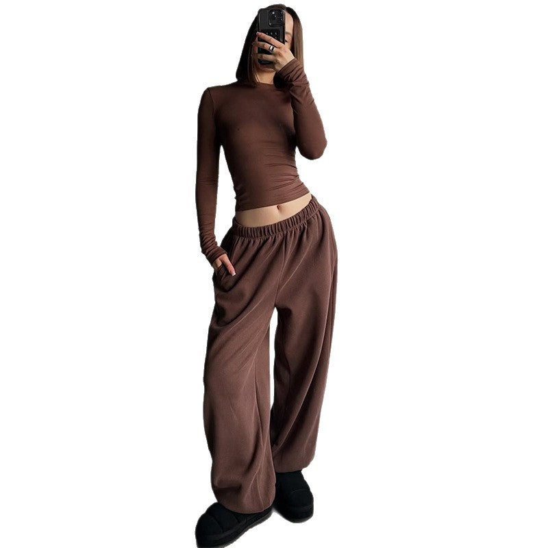 Women's Solid Color Round Neck Slim Fit Long Sleeve T-shirt High Waist Loose Sweatpants Set