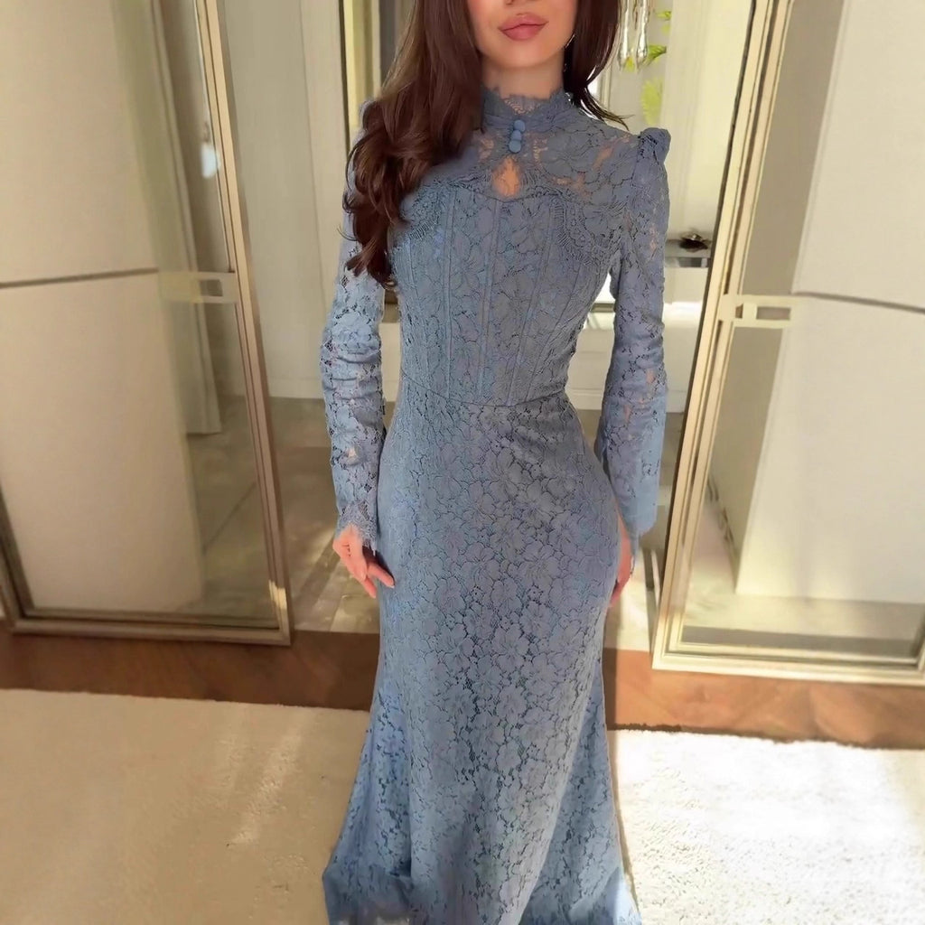 Luxe Lace Evening Dress With Long Sleeves And A Long Skirt