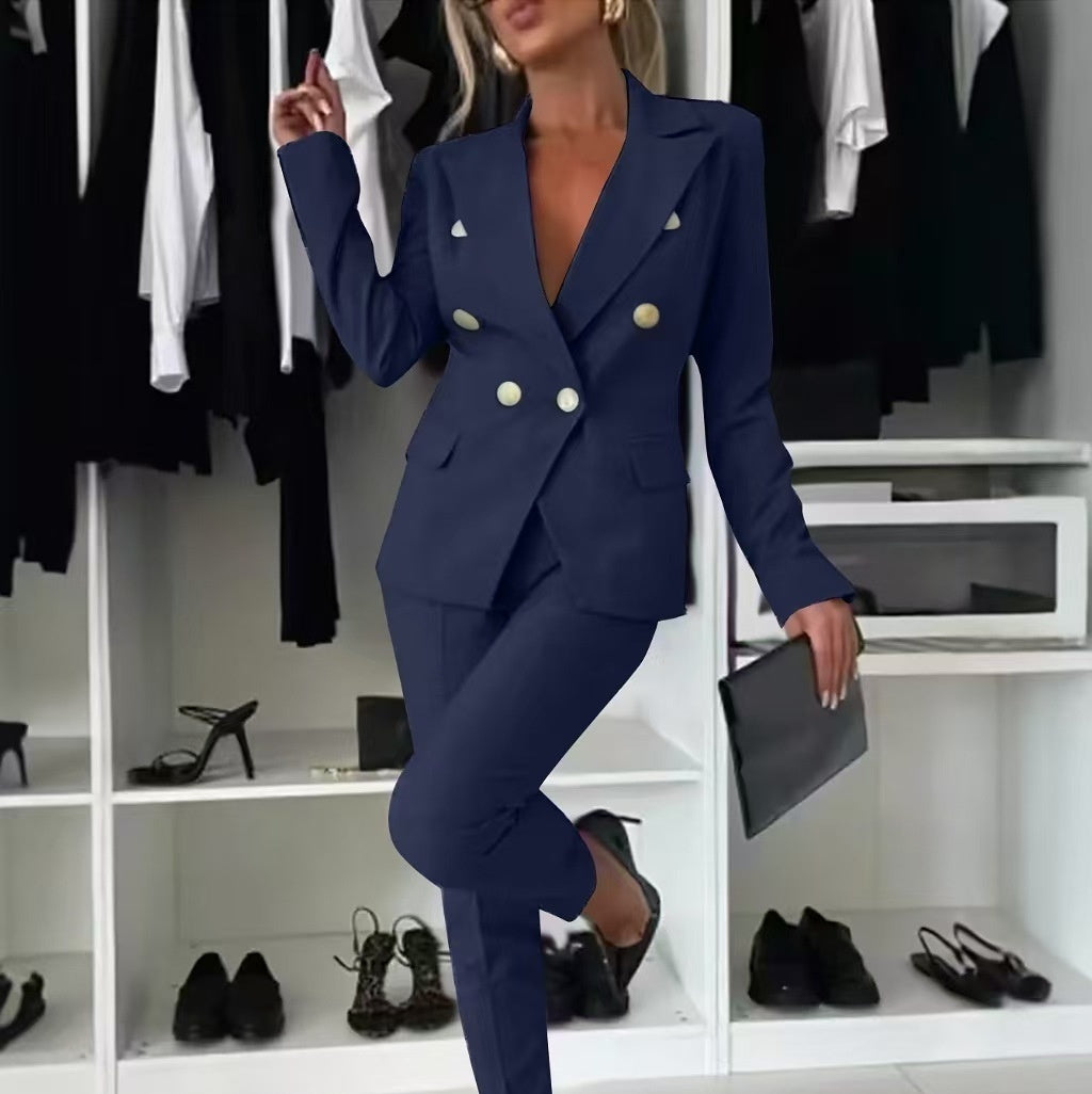 Casual Blazer Suit Slim Lapel Double-breasted Jacket And Zip-up Trousers Women's Clothing