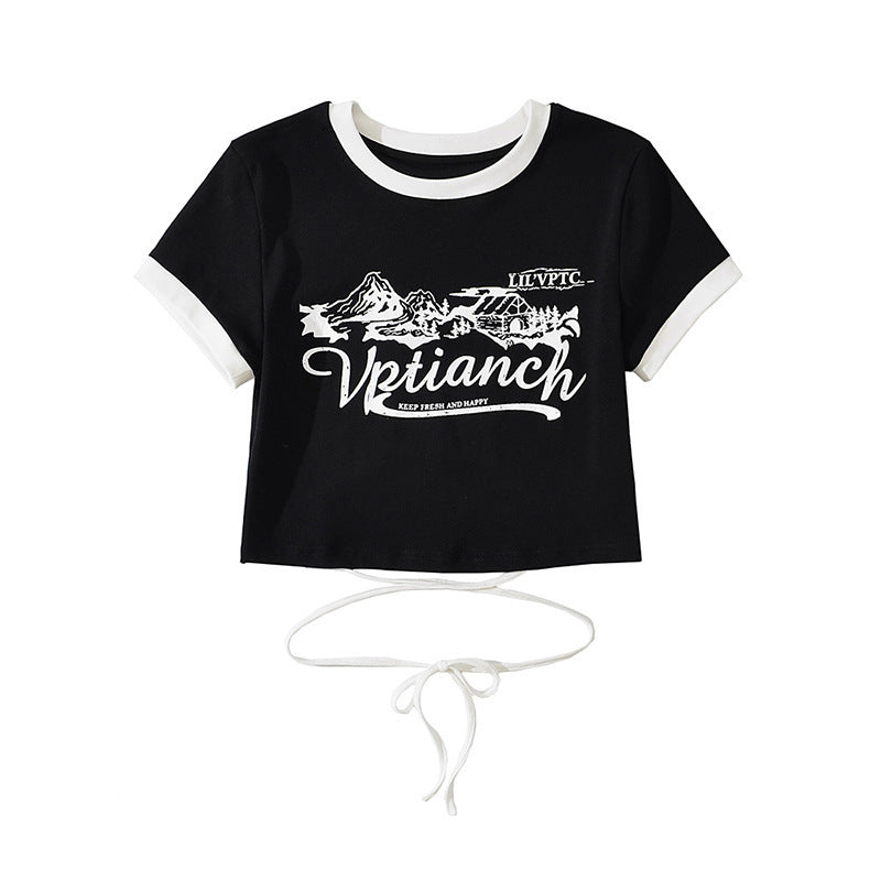 Women Print Front Contrast Trims Crop T-shirt With Lace Up Back Detail