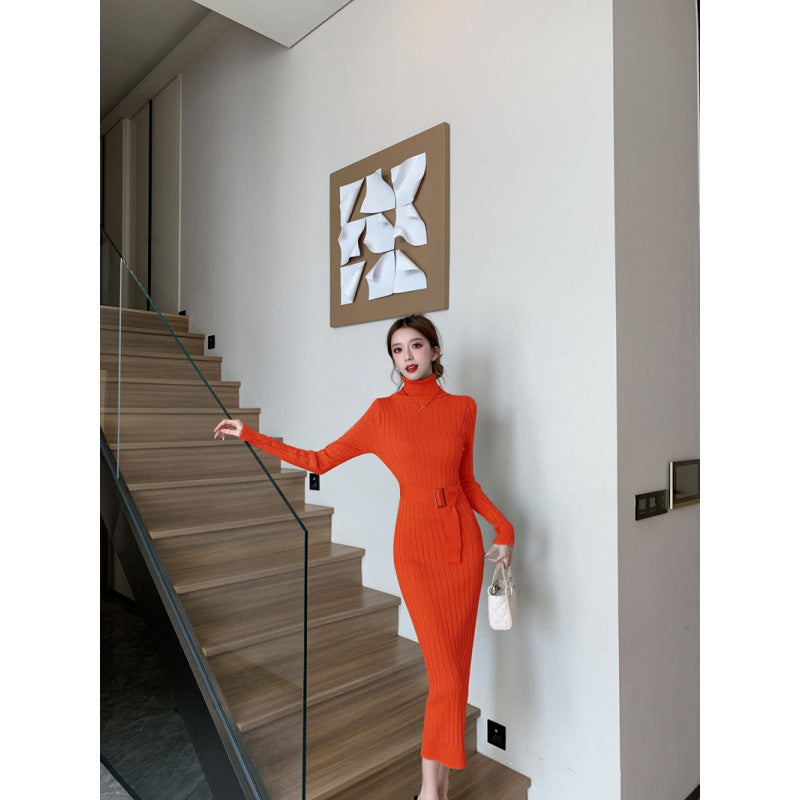 Elegant High-neck Sweater Paired With A High-waisted Stretchy Figure-hugging Knit Sheath Dress