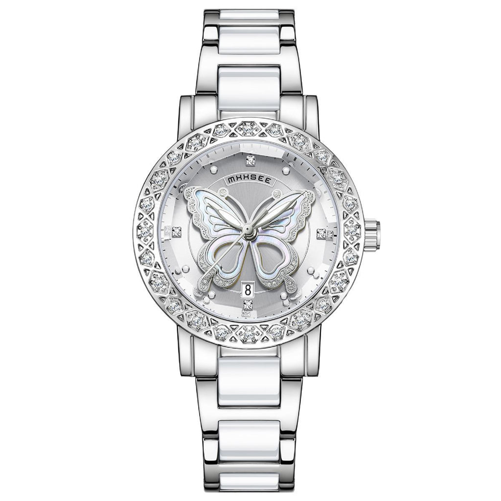 Butterfly Diamond-encrusted Luxury Women's Watch With Calendar And Steel Strap