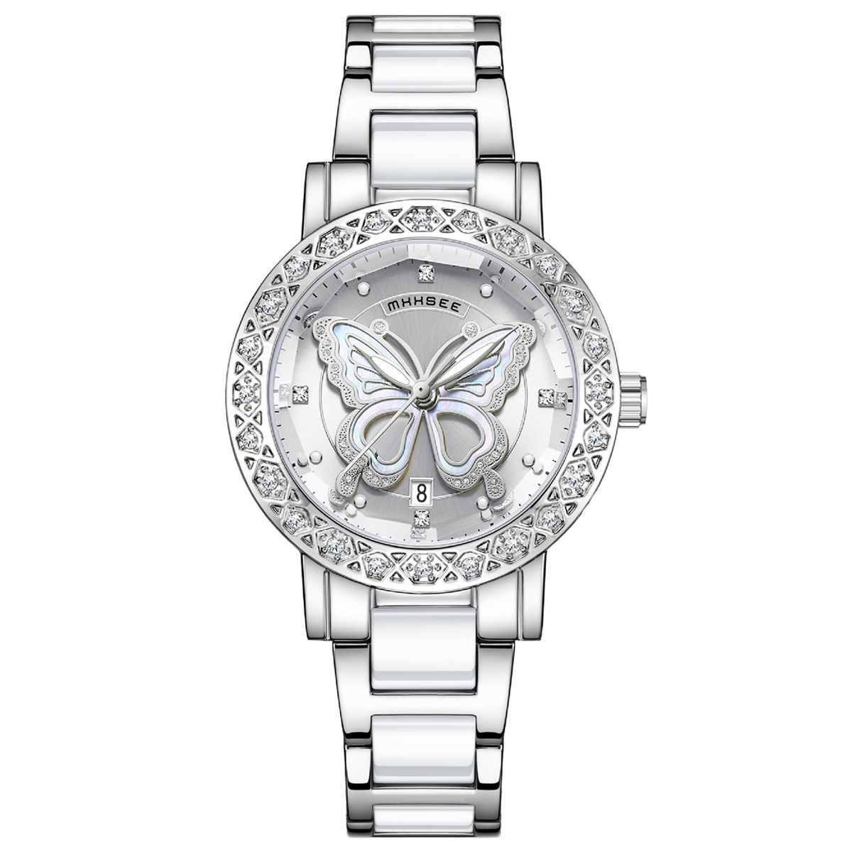 Butterfly Diamond-encrusted Luxury Women's Watch With Calendar And Steel Strap