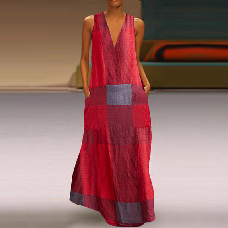 Vintage plaid sleeveless V-neck dress