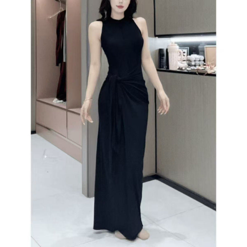 Womens Solid-Color French-Style Resort-Ready Sleeveless Two-Piece Look Dress