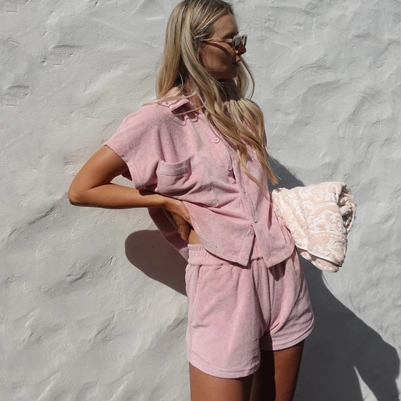 Women's Solid-Colored Single-Breasted Loose-Fitting  Fashionable Casual Homewear Set