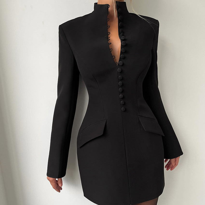 Women's Sexy Slim Waist Long Sleeve Stand Collar Dress