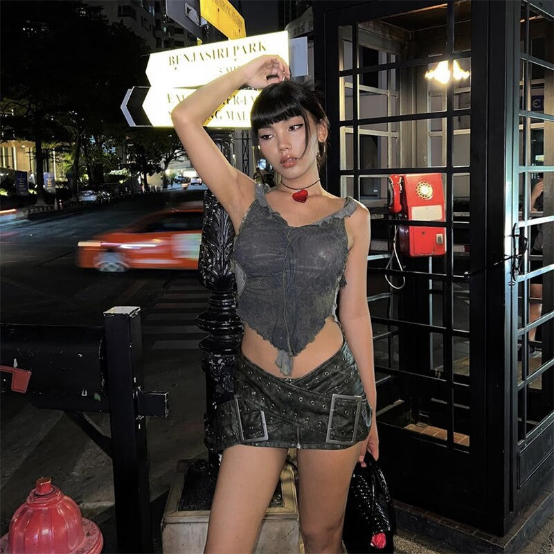 Vintage Worn Cross Belt Leather Miniskirt