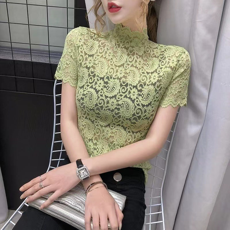 Paisley Lace Stand-up Collar Short-sleeved T-shirt