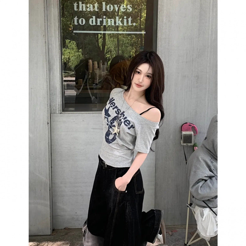 Oblique Shoulder Printed Short Sleeve Summer Slim-fit Crop-top