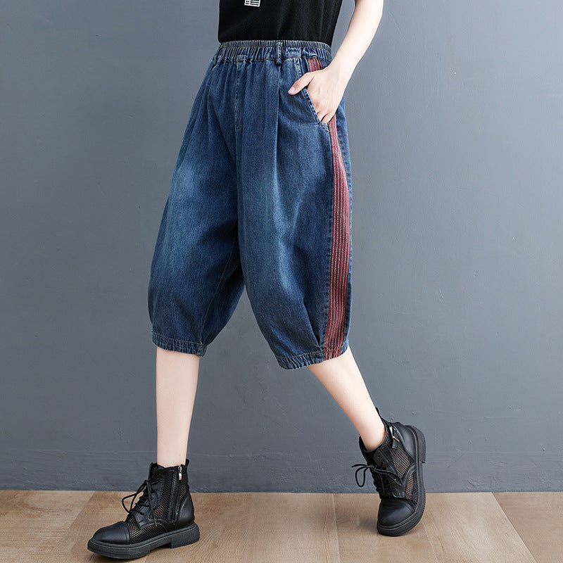 Large Size Women's Korean Style New Denim Stitching Washed Casual Cropped Pants