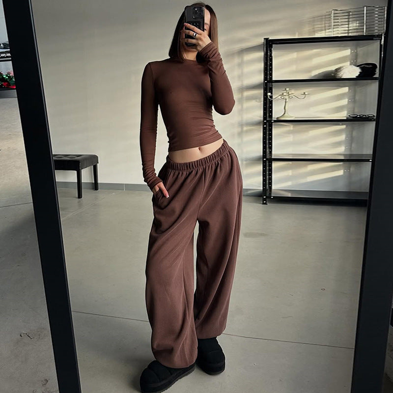 Women's Solid Color Round Neck Slim Fit Long Sleeve T-shirt High Waist Loose Sweatpants Set