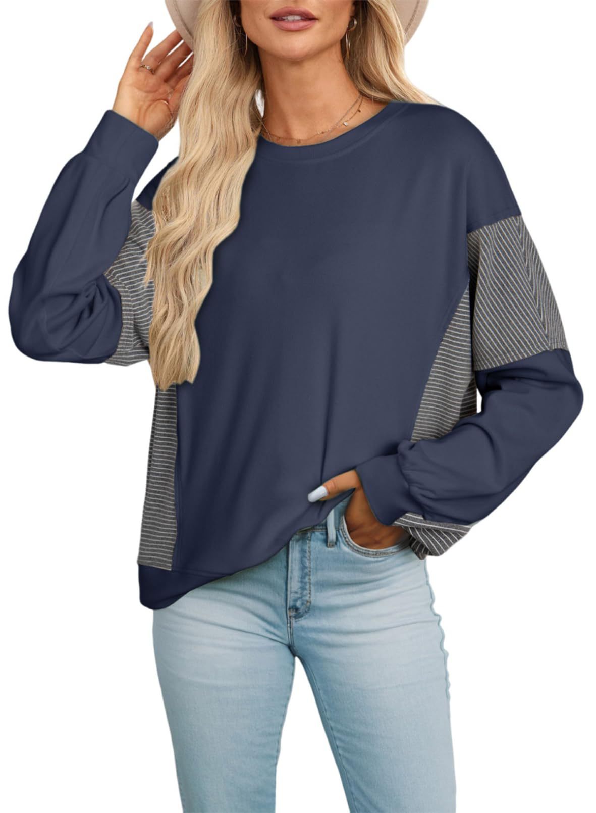 Striped Color-blocked Round Neck Versatile Casual Long-sleeved Sweatshirt