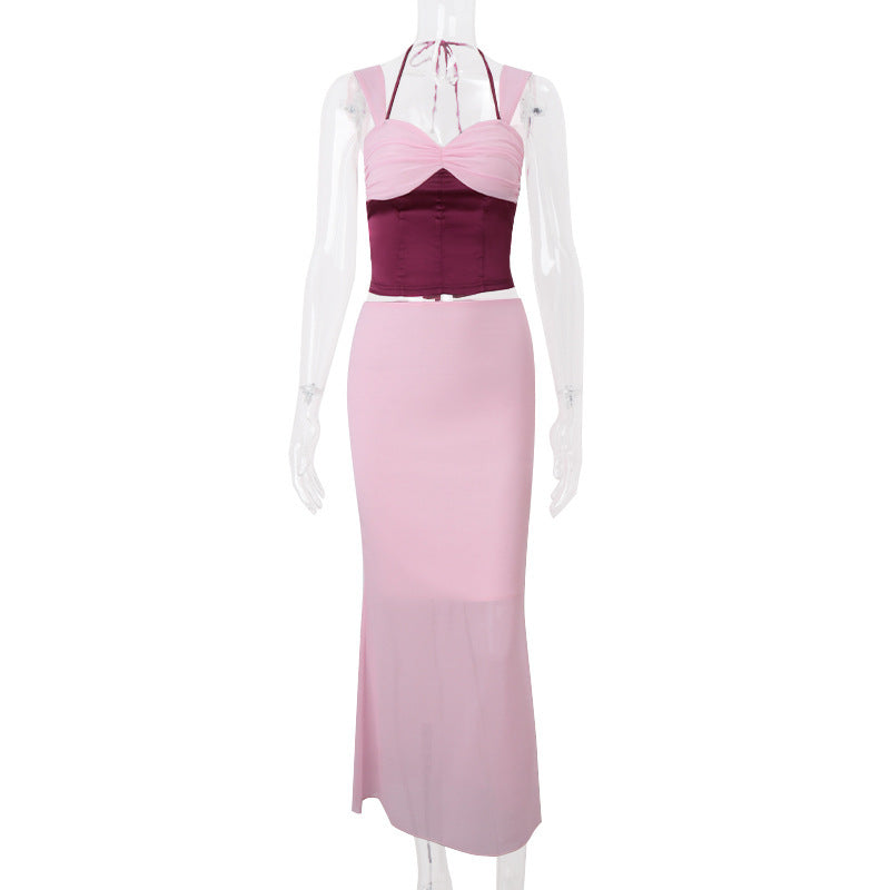 European And American Sexy Hot Girl Crop-top Spaghetti-strap Top Slim Hip Skirt Suit Women