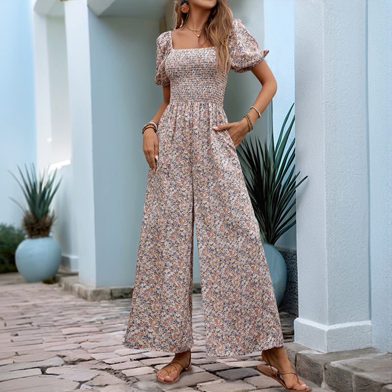 Square Collar Puff Sleeve Vacation Style Floral Jumpsuit