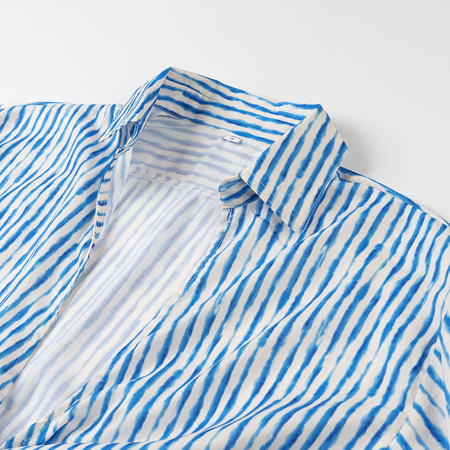 Women's Turn-down Collar Striped Long Sleeve Shirt