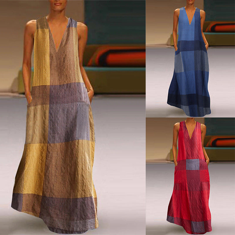 Vintage plaid sleeveless V-neck dress