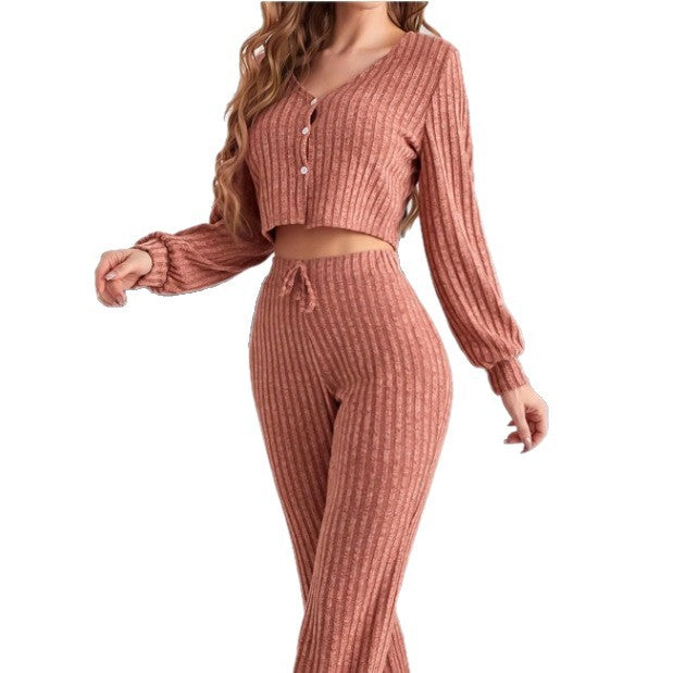 Casual Button Long Sleeve Pants Women's Pajama Set