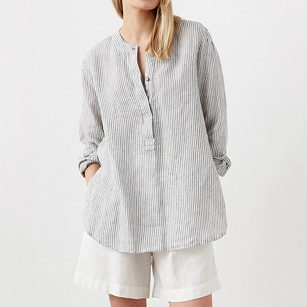 Women's Long Sleeve Stand-up Collar Striped Shirt