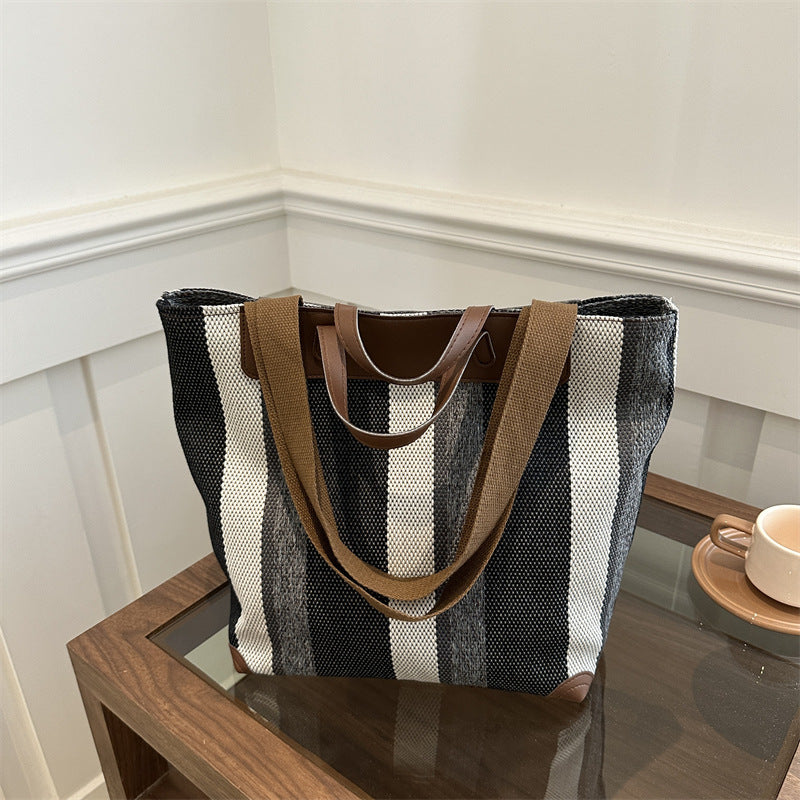 Women's Contrast Color Striped Canvas Handbag
