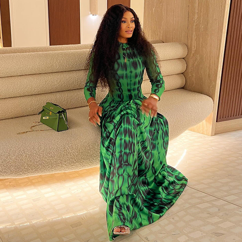 Retro Style Women's Pleated A-line High-neck Long Sleeve Printed Waist-defining Dress