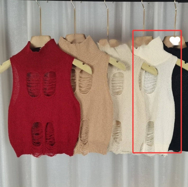 Cutout Half Turtleneck Knitted Vest For Women Slimming Holes Off-the-shoulder