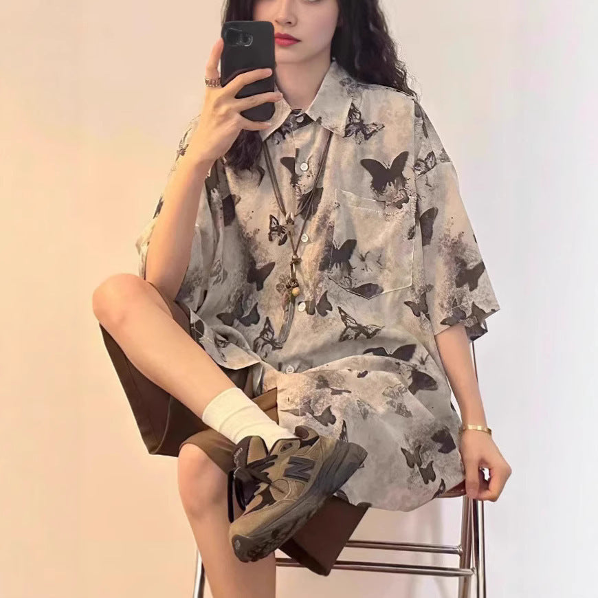 Women's Ink Painting Full Printed Butterfly Short Sleeve Shirt