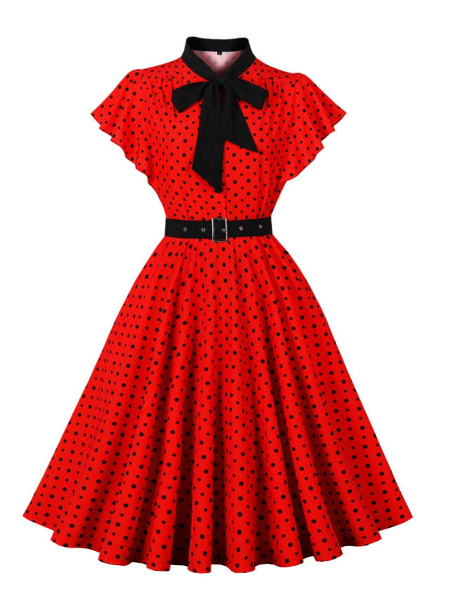 Retro Polka Dot Round-neck Knee-length Slim Dress