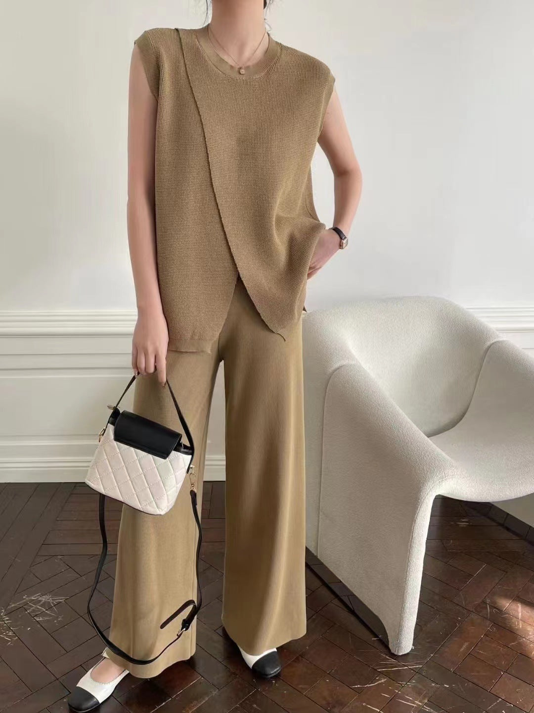 Sleeveless Crew-Neck Slim-Fit Striped Knit Top And Wide-Leg Pants Set