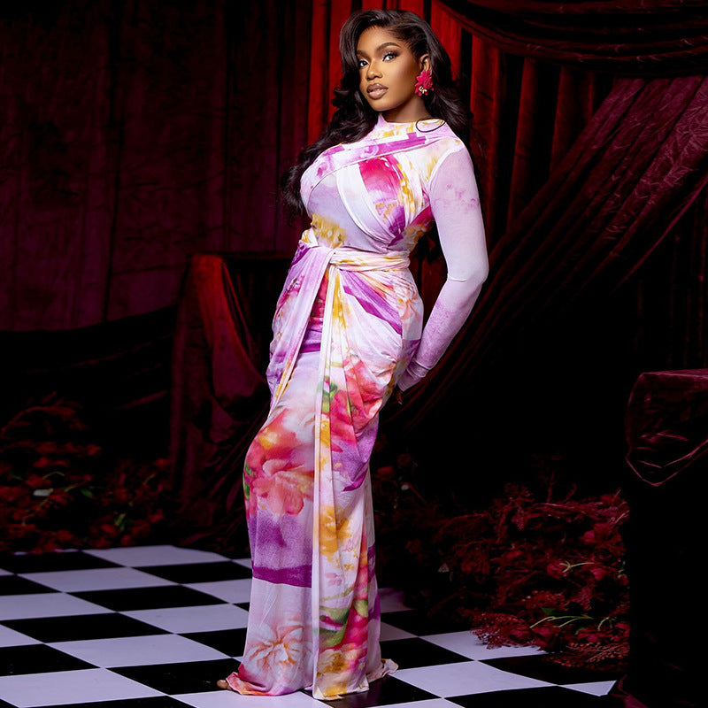 Slim-fit Wrap Bodycon Pleated Long-sleeve Dress