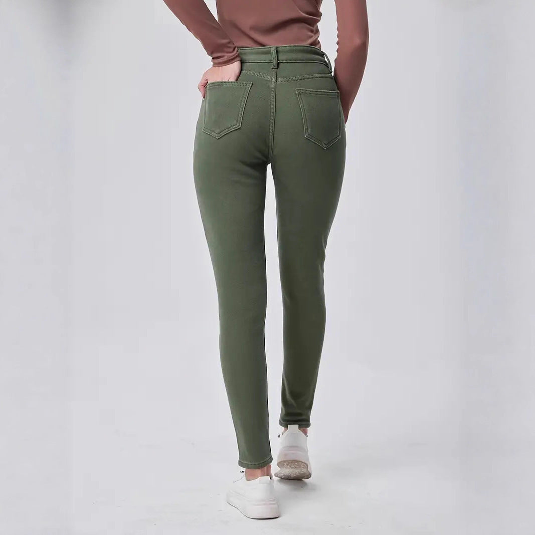 Dark Green Washed High Waist Slim Fit Skinny Denim Trousers