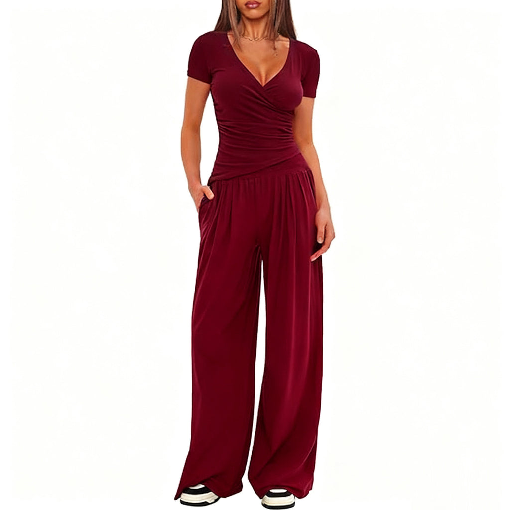 Women's Short-sleeve Sportswear And Wide-leg Pants Set