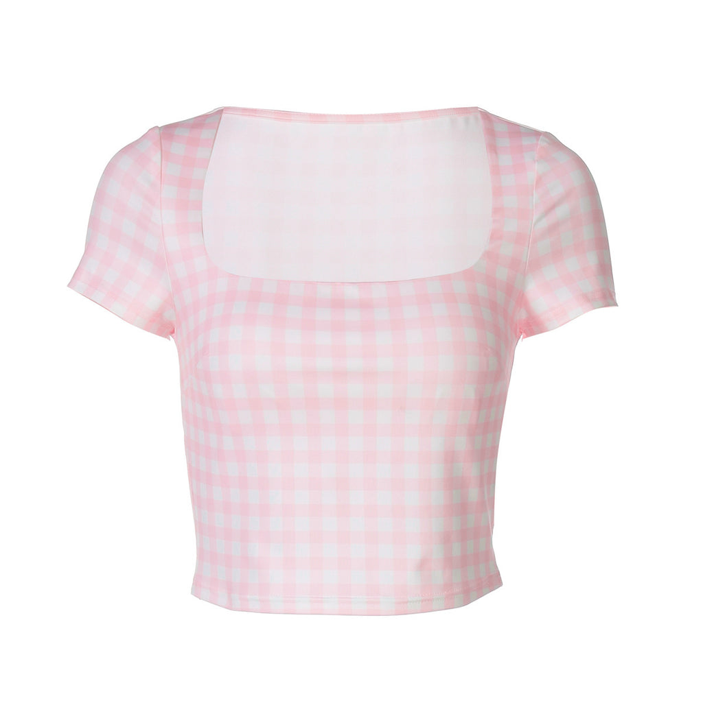 Women's Fashion Plaid Printed Slim Fit Midriff-baring Short Sleeve Top