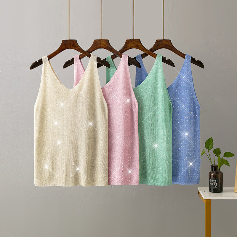 Ice Silk Knitted Bright Thread Diamond-encrusted V-neck Camisole