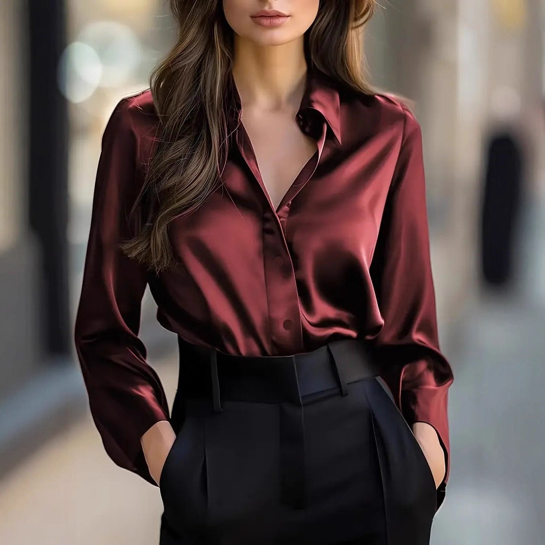 Elegant Satin Long Sleeve Blouse For Women Button-Up Collar Shirt Perfect For Casual Professional Business Work Wear Women's Clothing