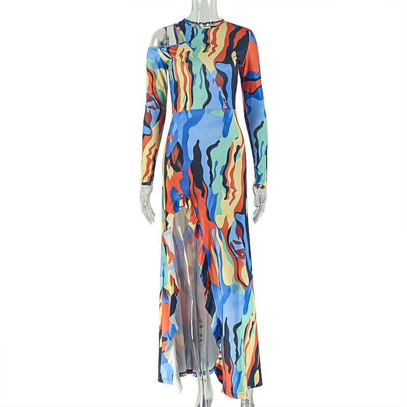 Women's Color Block Printed Split Hem Round Neck Long Sleeve Loose Dress