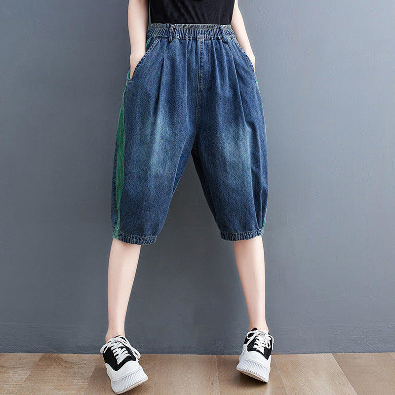 Large Size Women's Korean Style New Denim Stitching Washed Casual Cropped Pants