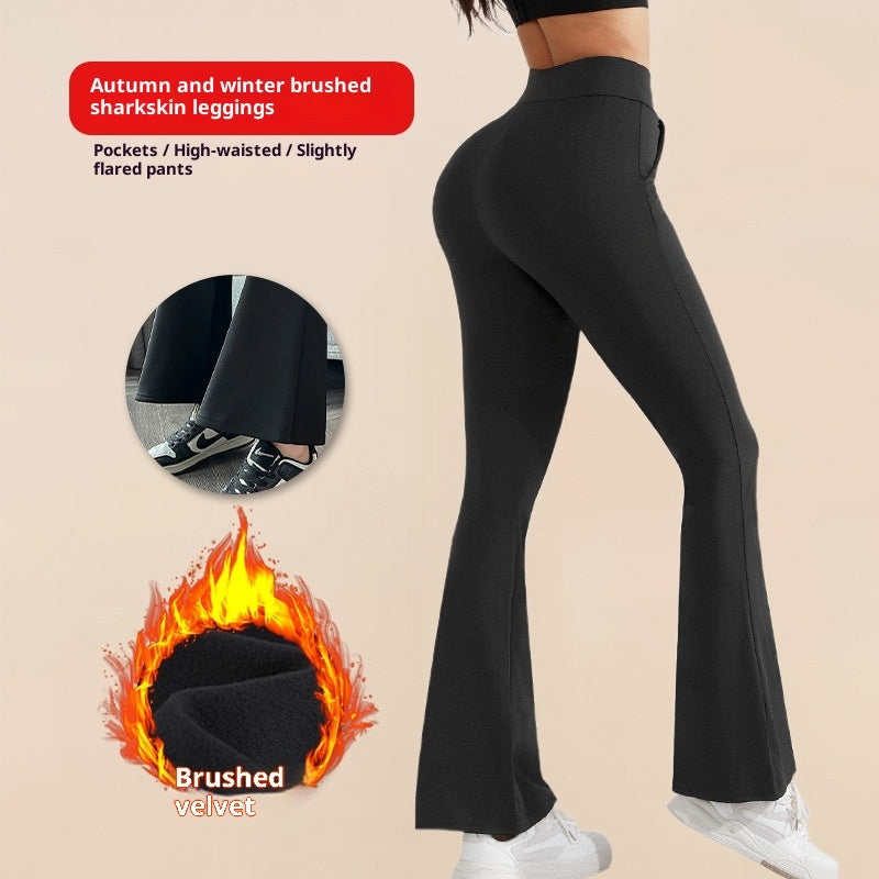 Women's High Waist Hip Lift Stretch Brushed Pocket Shark Pants