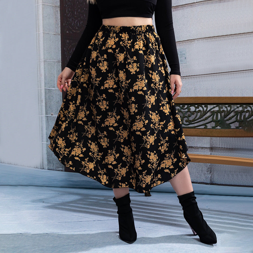 Commuter Style High-waisted Draped Floral Print Skirt