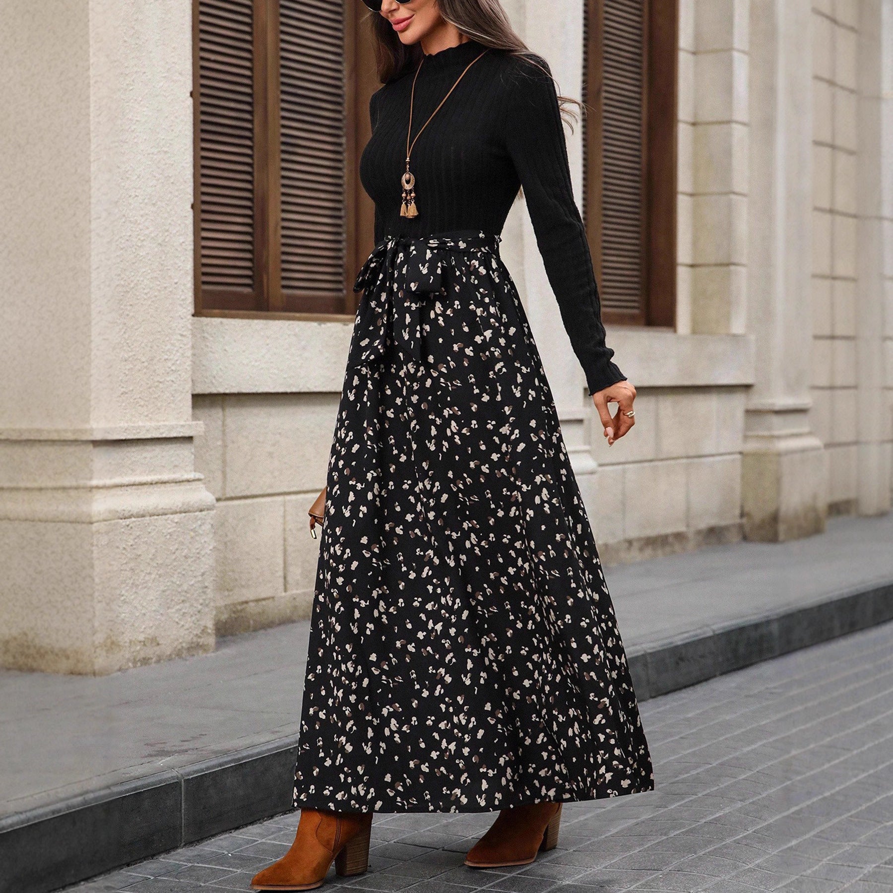 Women's Vintage Round-neck Long-sleeve Printed Dress