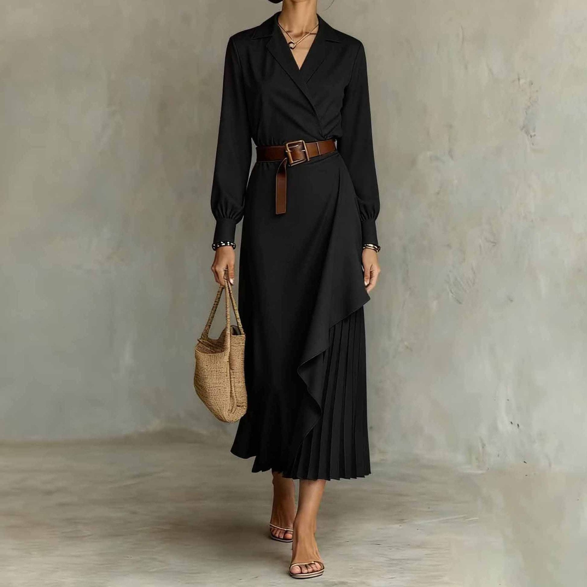 Western-style Irregular Pleated Long-sleeve Dress For Spring And Autumn