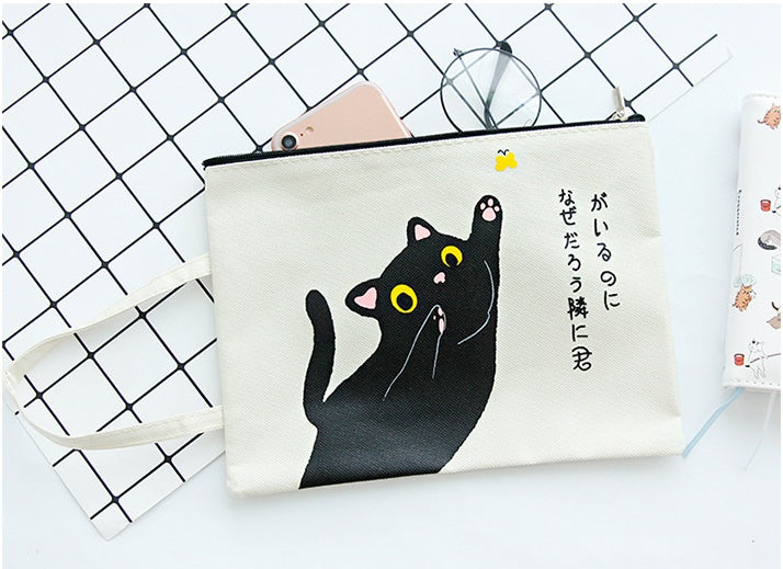 Handbag Cat Zip Canvas A4 File Bag