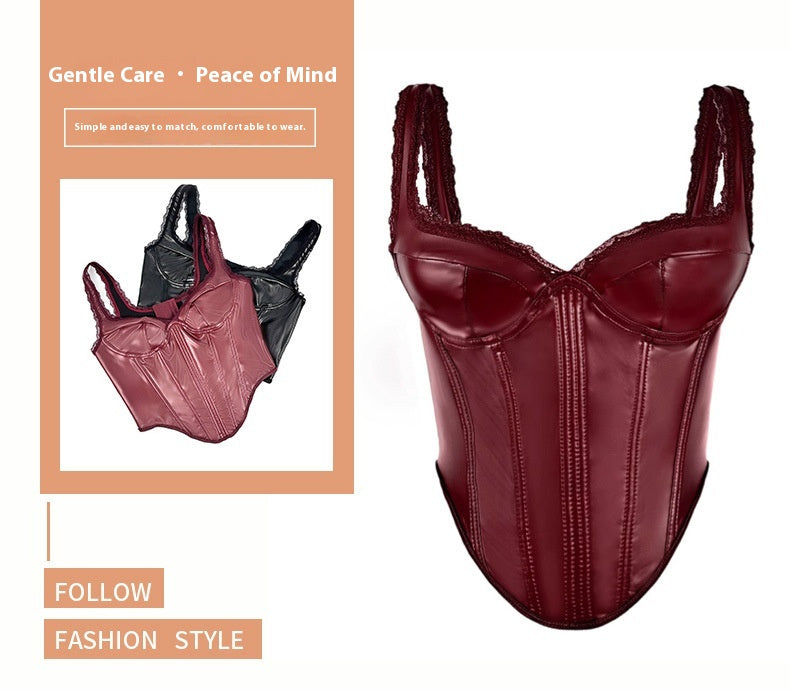 Solid Color Leather Lace Sling Basic Top