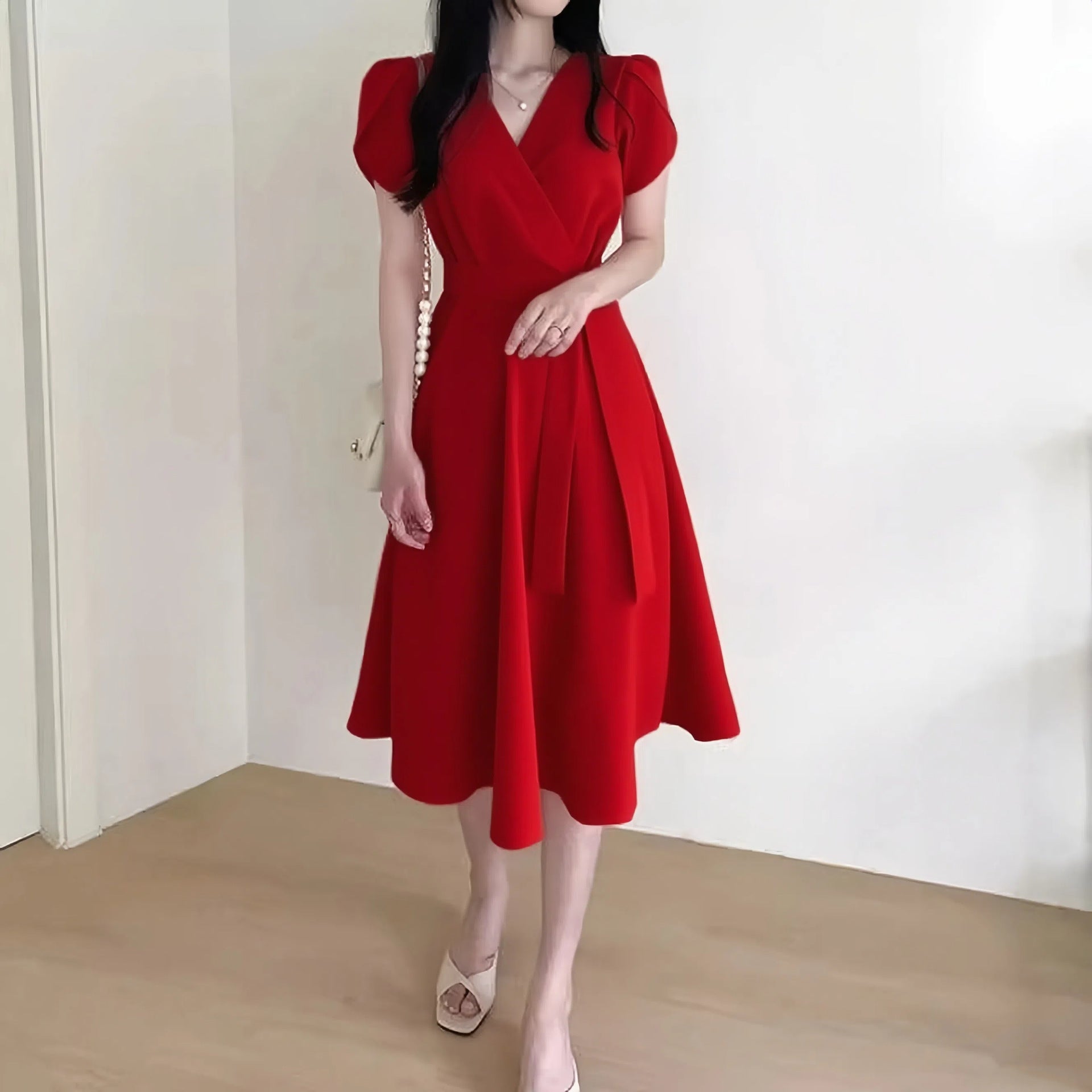 Women's Solid-Color French-Style Cross-Neckline Lace-Up Bud Dress