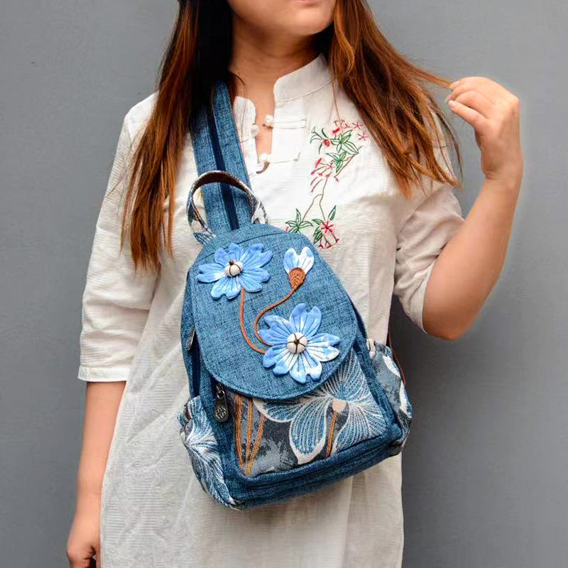 Women's Cotton Linen Canvas Ethnic Handicraft Tie-dyed Blue Art Backpack