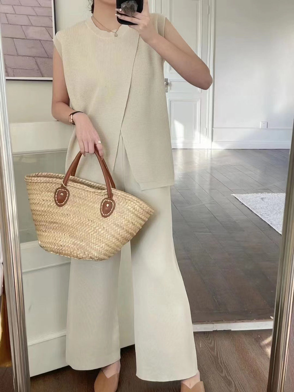 Sleeveless Crew-Neck Slim-Fit Striped Knit Top And Wide-Leg Pants Set