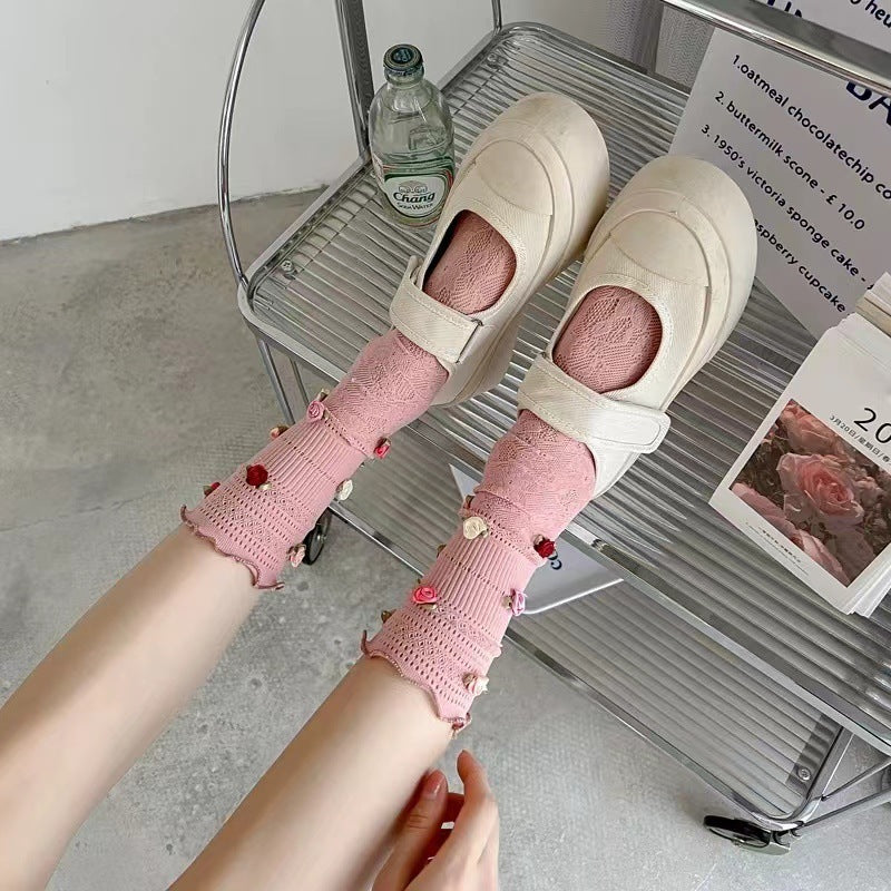 Spring And Summer Thin Rose Lace Tube Socks Women
