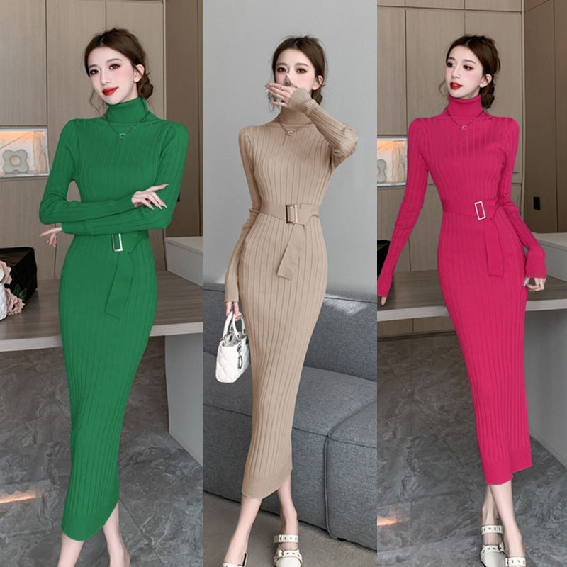 Elegant High-neck Sweater Paired With A High-waisted Stretchy Figure-hugging Knit Sheath Dress