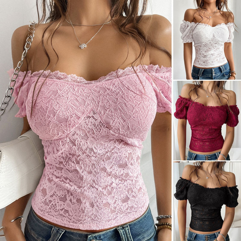 Lace Top Sexy Cutout Bare Midriff Slim Fit Off-shoulder