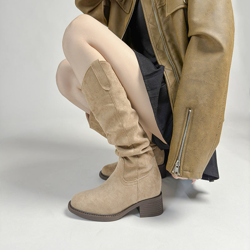 Height-increasing Chunky-heeled Knee-high Boot With Round Toe